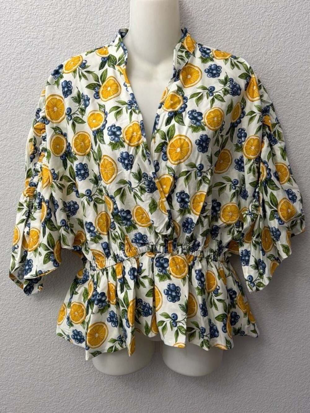 Maeve Anthropologie Ruched Peplum Blouse in Lemon and Blueberry Fruit Print